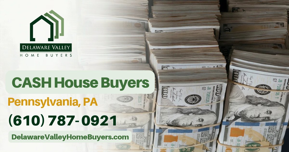 Stacks of hundred-dollar bills with the Delaware Valley Home Buyers logo: how do I get a cash offer for my house in Pennsylvania